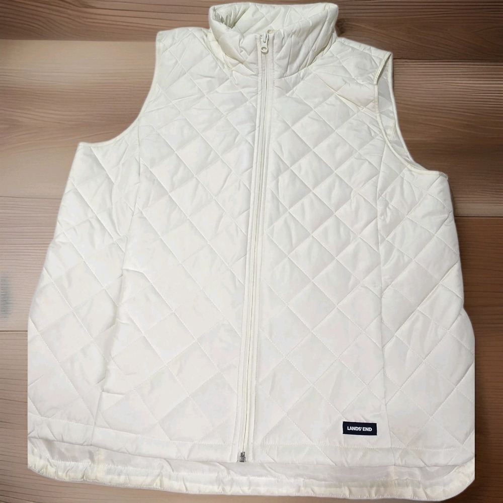 Lands End Womens XL Ivory Chevron Puffer Vest Full Zip Gorpcore Warm